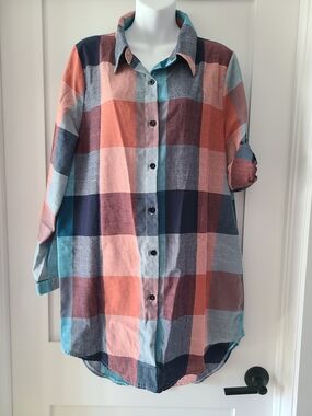 Plaid Pink And Blue Loose Fit Women's Button Down Shirt
